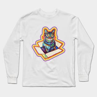 Trippy 70s Aesthetic Cat Pattern on Teal by Robert Phelps Long Sleeve T-Shirt